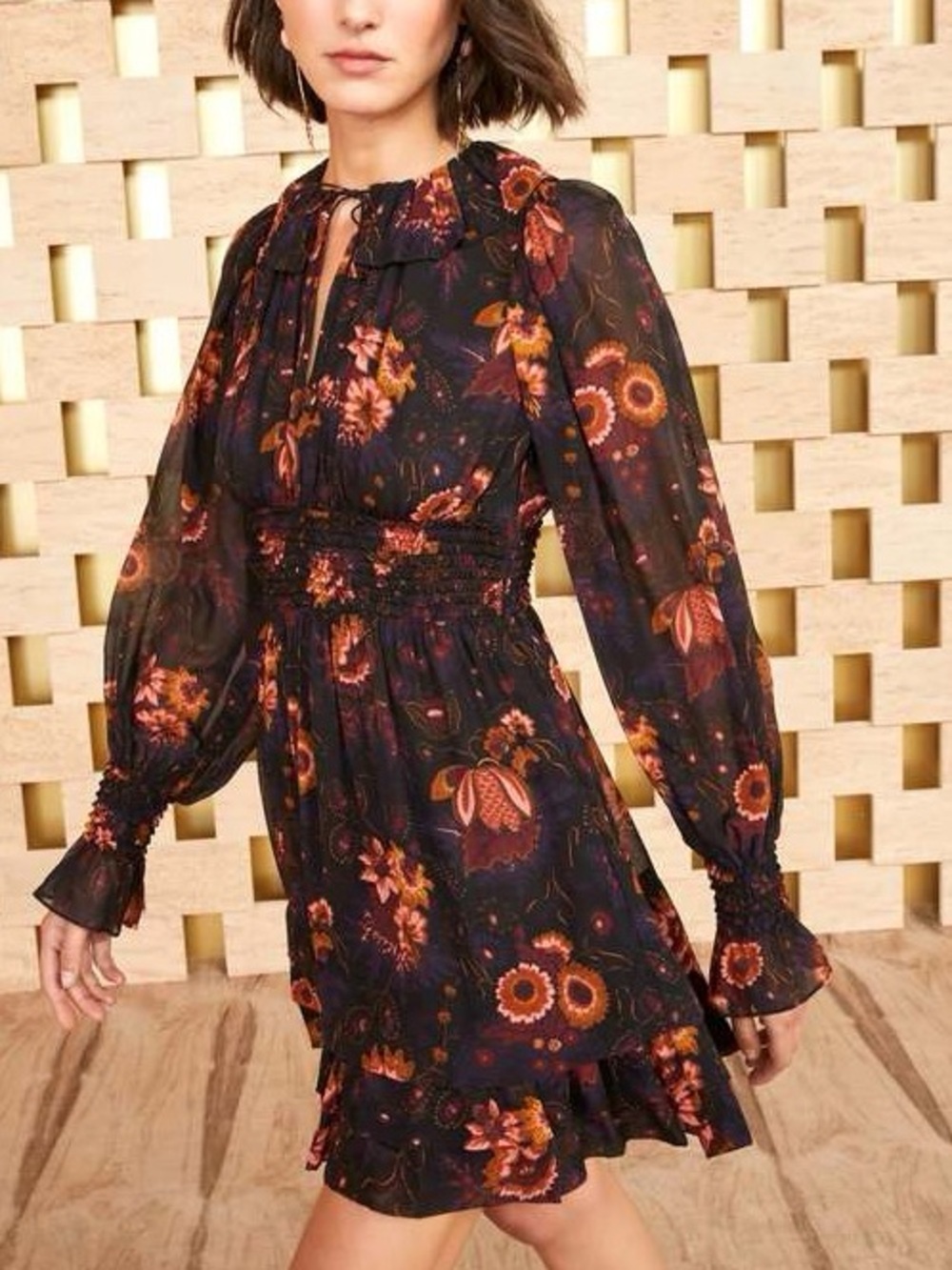 $690 Ulla Johnson Adara Silk Black Floral Long Sleeve Ruffle Dress